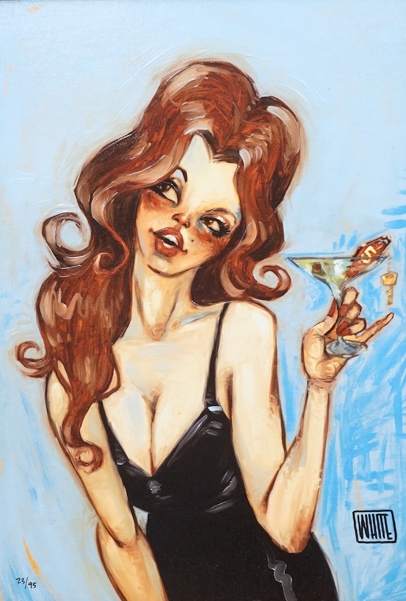 Todd White (b.1969), contemporary hand embellished canvas, 'Who bought me this', limited edition 23/95, 43 x 30cm
